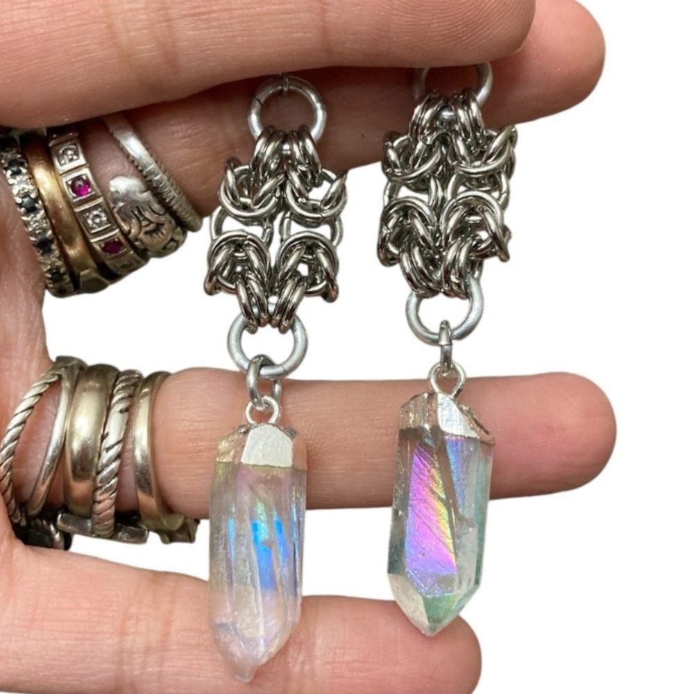 Rainbow iridescent aura crystal quartz handmade maille link goth boho earrings